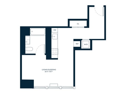 Floor plan for studio, 1 bath, 431 sqft